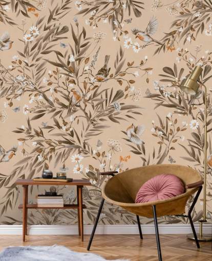 beige räätälöitävä lasten seinämaalaus nimeltä Playful Robins - Vintage Beige by Kikki Belle lastentarhoille