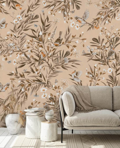 beige tilpasselig vægmaleri til børn kaldet Playful Robins - Vintage Beige af Kikki Belle til børnehaver