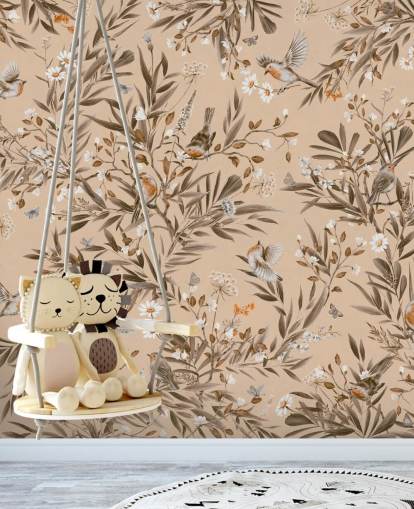 beige aanpasbare kindermuurschildering genaamd Playful Robins - Vintage Beige van Kikki Belle voor kinderdagverblijven