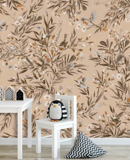 beige tilpasselig vægmaleri til børn kaldet Playful Robins - Vintage Beige af Kikki Belle til børnehaver