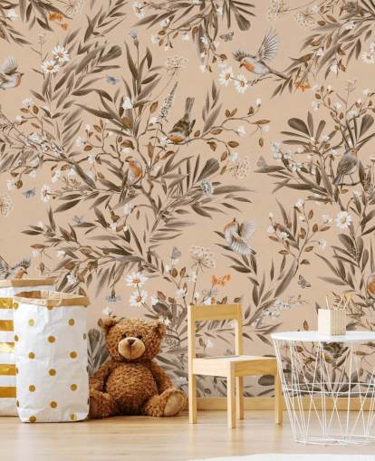 beige aanpasbare kindermuurschildering genaamd Playful Robins - Vintage Beige van Kikki Belle voor kinderdagverblijven beige aanpasbare kindermuurschildering genaamd Playful Robins - Vintage Beige van Kikki Belle voor kinderdagverblijven