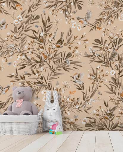 beige tilpassbart veggmaleri for barn kalt Playful Robins - Vintage Beige av Kikki Belle for barnehager