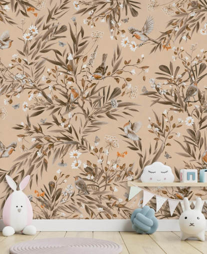 mural infantil personalizable de color beige llamado Playful Robins - Vintage Beige de Kikki Belle para guarderías mural infantil personalizable de color beige llamado Playful Robins - Vintage Beige de Kikki Belle para guarderías