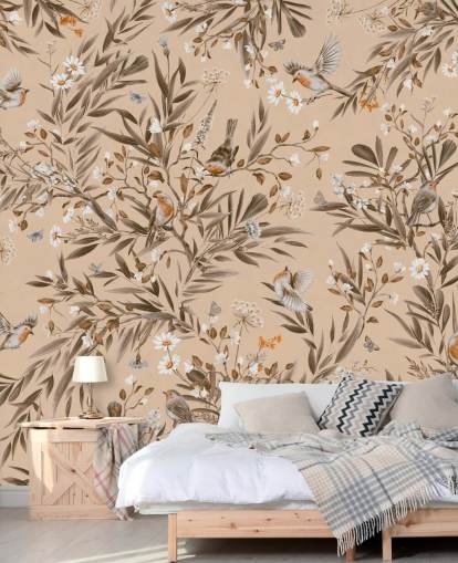 beige tilpassbart veggmaleri for barn kalt Playful Robins - Vintage Beige av Kikki Belle for barnehager