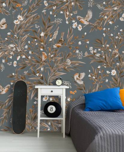 mural de pared azul personalizable para guardería llamado Playful Robins - Vintage Blue de Kikki Belle