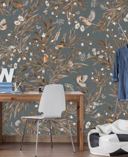 blauwe aanpasbare muurschildering voor de kinderkamer genaamd Playful Robins - Vintage Blue van Kikki Belle