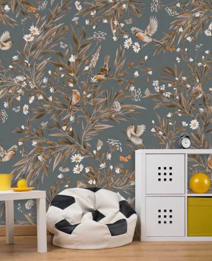 blauwe aanpasbare muurschildering voor de kinderkamer genaamd Playful Robins - Vintage Blue van Kikki Belle