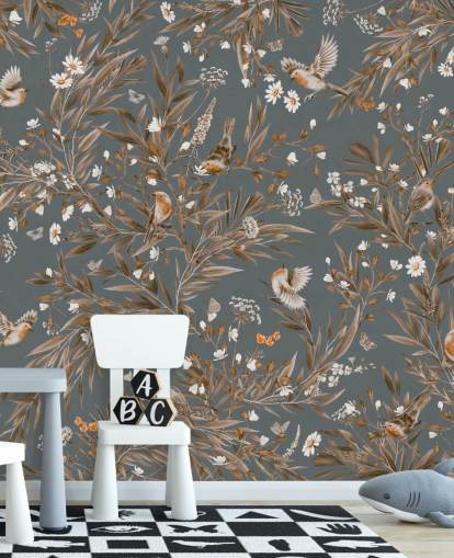 blå tilpassbar barnehage veggmaleri kalt Playful Robins - Vintage Blue av Kikki Belle