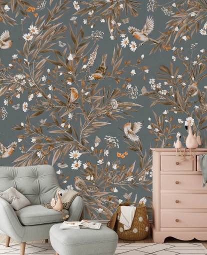 mural de parede de berçário personalizável azul chamado Playful Robins - Vintage Blue de Kikki Belle mural de parede de berçário personalizável azul chamado Playful Robins - Vintage Blue de Kikki Belle