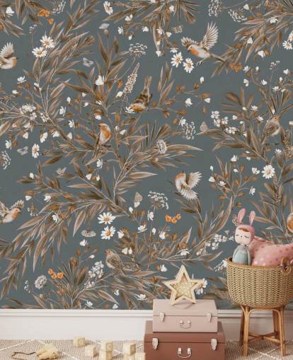 Blaues personalisierbares Wandbild für Kinderzimmer namens Playful Robins - Vintage Blue von Kikki Belle