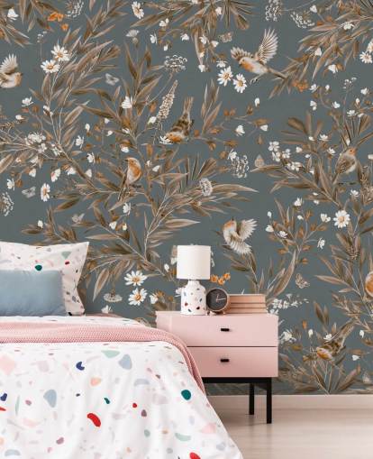 blue customisable nursery wall mural called Playful Robins - Vintage Blue by Kikki Belle blue customisable nursery wall mural called Playful Robins - Vintage Blue by Kikki Belle