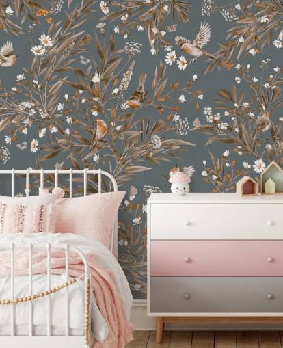 blue customisable nursery wall mural called Playful Robins - Vintage Blue by Kikki Belle
