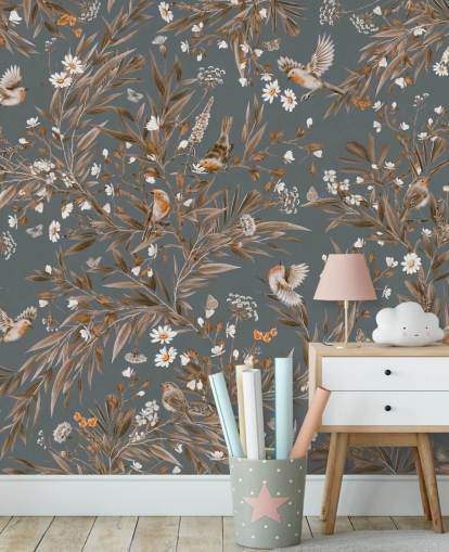 blue customizable nursery wall mural called Playful Robins - Vintage Blue by Kikki Belle