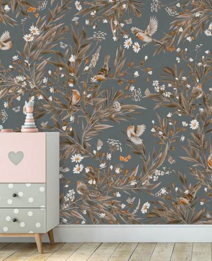 murale blu personalizzabile per la cameretta dei bambini chiamato Playful Robins - Vintage Blue di Kikki Belle