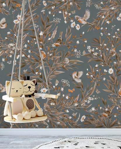 blå tilpasselig børnehavevægmaleri kaldet Playful Robins - Vintage Blue af Kikki Belle