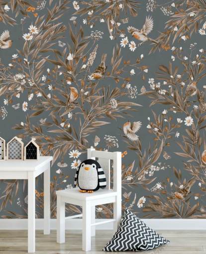 Blaues personalisierbares Wandbild für Kinderzimmer namens Playful Robins - Vintage Blue von Kikki Belle