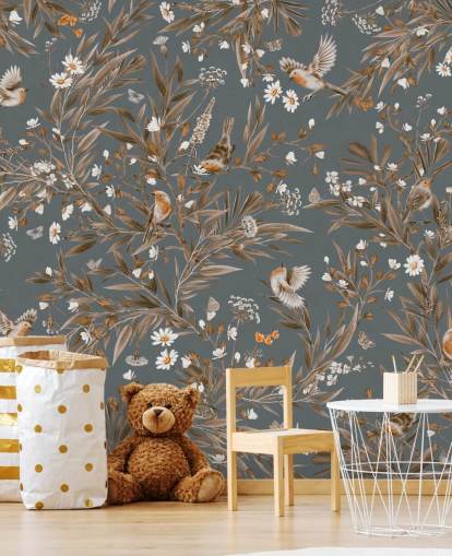 blå tilpasselig børnehavevægmaleri kaldet Playful Robins - Vintage Blue af Kikki Belle