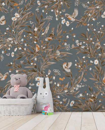 fresque murale bleue personnalisable pour chambre d'enfant appelée Playful Robins - Vintage Blue de Kikki Belle
