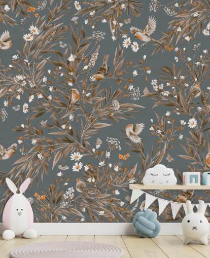 blå anpassningsbar barnkammare väggmålning som heter Playful Robins - Vintage Blue av Kikki Belle