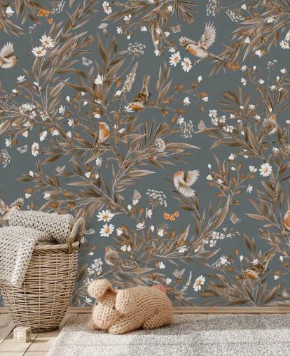 blue customisable nursery wall mural called Playful Robins - Vintage Blue by Kikki Belle