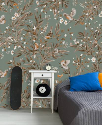 green and brown kids mural called Playful Robins - Vintage Green by Kikki Belle for nursery walls