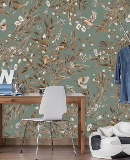 grön och brun barnväggmålning som heter Playful Robins - Vintage Green av Kikki Belle för barnkammarväggar