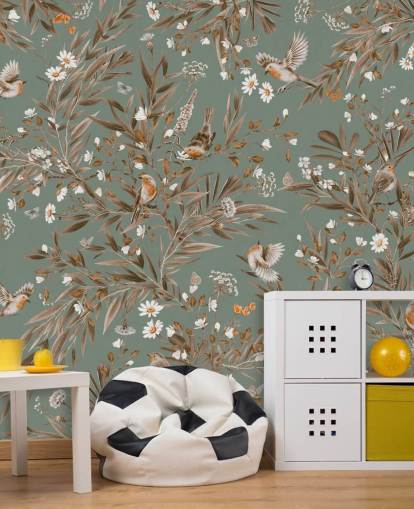 grön och brun barnväggmålning som heter Playful Robins - Vintage Green av Kikki Belle för barnkammarväggar