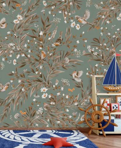 groene en bruine kindermuurschildering genaamd Playful Robins - Vintage Green van Kikki Belle voor kinderkamermuren