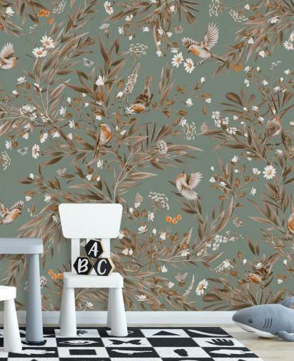 grön och brun barnväggmålning som heter Playful Robins - Vintage Green av Kikki Belle för barnkammarväggar