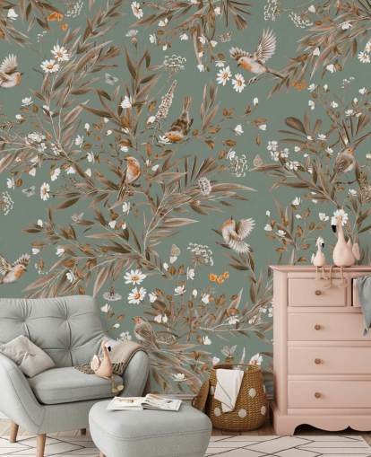 grön och brun barnväggmålning som heter Playful Robins - Vintage Green av Kikki Belle för barnkammarväggar