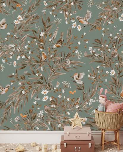 vihreä ja ruskea lasten seinämaalaus nimeltä Playful Robins - Vintage Green by Kikki Belle lastentarhojen seinille