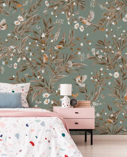 grønt og brunt vægmaleri til børn kaldet Playful Robins - Vintage Green af Kikki Belle til børnehavevægge