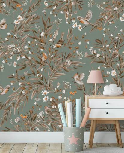 groene en bruine kindermuurschildering genaamd Playful Robins - Vintage Green van Kikki Belle voor kinderkamermuren