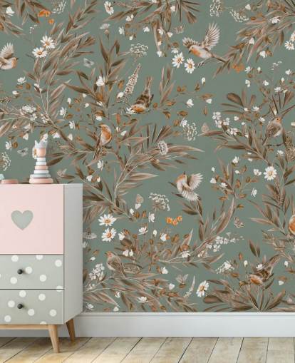 groene en bruine kindermuurschildering genaamd Playful Robins - Vintage Green van Kikki Belle voor kinderkamermuren