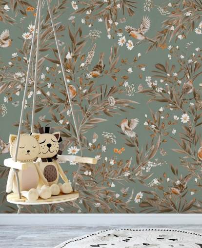 mural infantil verde e marrom chamado Playful Robins - Vintage Green de Kikki Belle para paredes de berçário