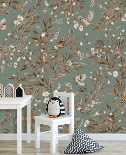 mural infantil verde y marrón llamado Playful Robins - Vintage Green de Kikki Belle para paredes de guardería