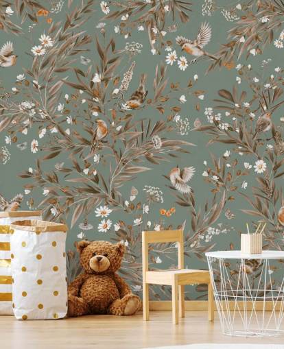 groene en bruine kindermuurschildering genaamd Playful Robins - Vintage Green van Kikki Belle voor kinderkamermuren