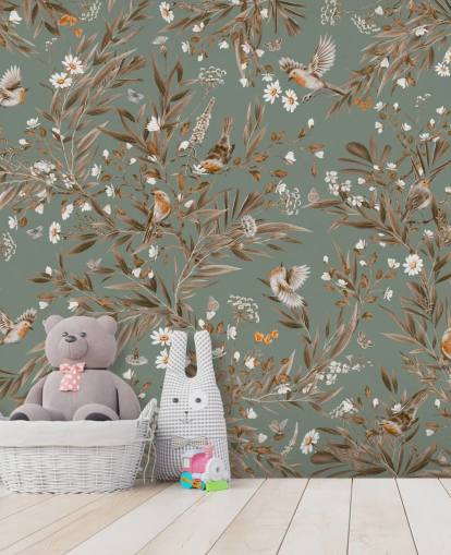 green and brown kids mural called Playful Robins - Vintage Green by Kikki Belle for nursery walls green and brown kids mural called Playful Robins - Vintage Green by Kikki Belle for nursery walls