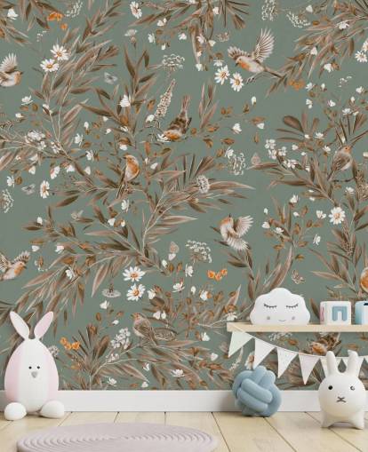 grønt og brunt vægmaleri til børn kaldet Playful Robins - Vintage Green af Kikki Belle til børnehavevægge