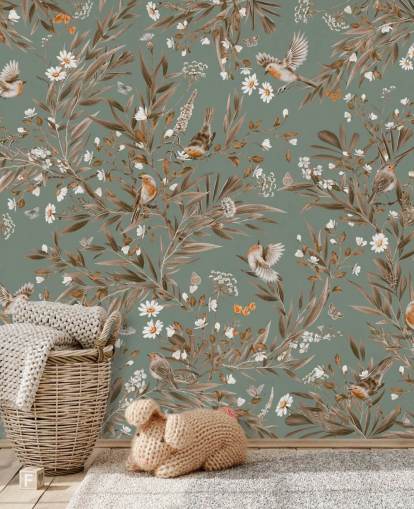 Grünes und braunes Wandbild für Kinder namens Playful Robins - Vintage Green von Kikki Belle für Kinderzimmerwände