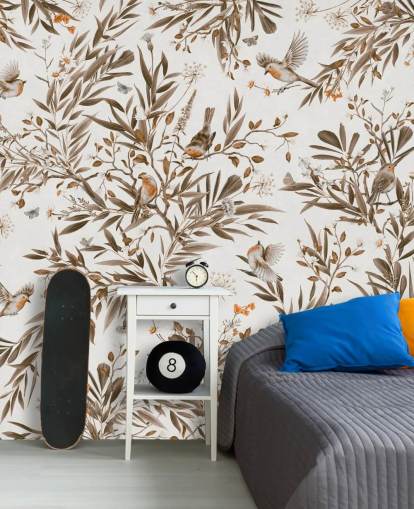 white and brown customisable nursery mural called Playful Robins - Vintage White by Kikki Belle white and brown customisable nursery mural called Playful Robins - Vintage White by Kikki Belle