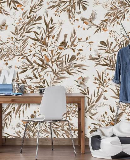 valkoinen ja ruskea muokattava lastentarhan seinämaalaus nimeltä Playful Robins - Vintage White, kirjoittanut Kikki Belle