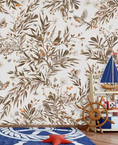 white and brown customisable nursery mural called Playful Robins - Vintage White by Kikki Belle