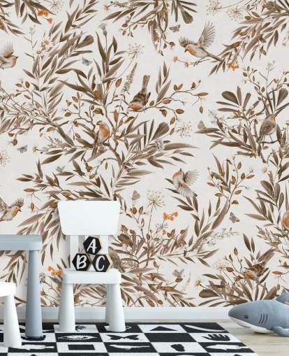 peinture murale personnalisable blanche et marron pour chambre d'enfant appelée Playful Robins - Vintage White de Kikki Belle