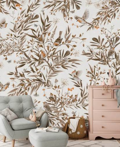 white and brown customisable nursery mural called Playful Robins - Vintage White by Kikki Belle