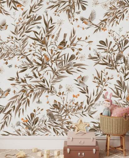 vit och brun anpassningsbar plantskola väggmålning som heter Playful Robins - Vintage White av Kikki Belle