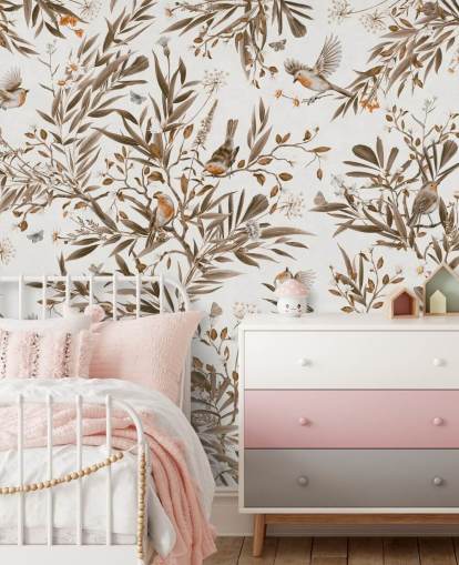 murale per cameretta personalizzabile bianco e marrone chiamato Playful Robins - Vintage White di Kikki Belle
