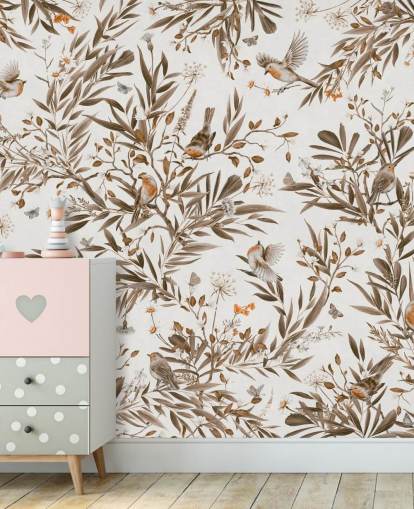 Weißes und braunes personalisierbares Kinderzimmer-Wandbild namens Playful Robins - Vintage White von Kikki Belle