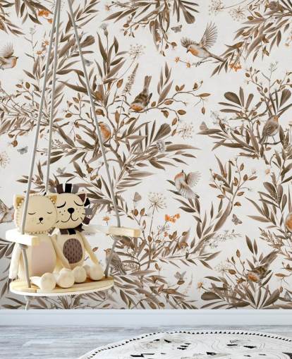 witte en bruine aanpasbare kinderkamermuurschildering genaamd Playful Robins - Vintage White van Kikki Belle witte en bruine aanpasbare kinderkamermuurschildering genaamd Playful Robins - Vintage White van Kikki Belle