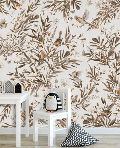 hvitt og brunt tilpassbart barnehage veggmaleri kalt Playful Robins - Vintage White av Kikki Belle